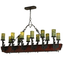 Tudor 15 Light 60" Wide Pillar Candle Style Chandelier with Green Jadestone Shades- Wrought Iron Finish
