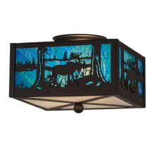 Moose at Lake 2 Light 15" Wide Semi-Flush Square Ceiling Fixture with Blue and Clear Glass Shade - Oil Rubbed Bronze Finish