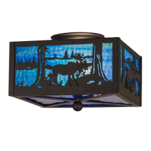 Moose at Lake 2 Light 15" Wide Semi-Flush Square Ceiling Fixture with Blue Glass Shade - Oil Rubbed Bronze Finish