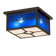 Kungsholm 4 Light 26" Wide Flush Mount Square Ceiling Fixture with Blue Glass Shade - Craftsman Brown Finish