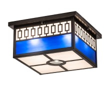 Kungsholm 4 Light 26" Wide Flush Mount Square Ceiling Fixture with Blue and White Glass Shade - Craftsman Brown Finish