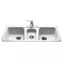 43" 3 Hole Cast Iron Triple Basin Kitchen Sink for Drop In Installations with 40/20/40 Split and Sound Dampening Technology