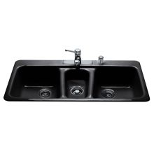 43" 4 Hole Cast Iron Triple Basin Kitchen Sink for Drop In Installations with 40/20/40 Split and Sound Dampening Technology