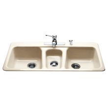 43" 4 Hole Cast Iron Triple Basin Kitchen Sink for Drop In Installations with 40/20/40 Split and Sound Dampening Technology