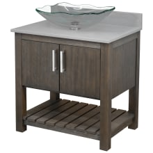30" Free Standing Single Basin Vanity Set with Cabinet, Rectangular Glass Vessel Sink and Grey Quartz Vanity Top