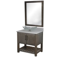 30" Free Standing Single Basin Vanity Set with Cabinet, Grey Quartz Vanity Top, Oval Glass Vessel Sink and Mirror