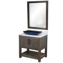 30" Free Standing Single Basin Vanity Set with Cabinet, Marble Vanity Top, Rectangular Glass Vessel Sink and Mirror