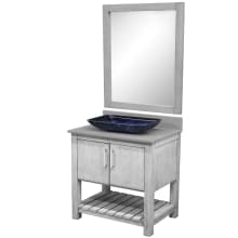 30" Free Standing Single Basin Vanity Set with Cabinet, Grey Quartz Vanity Top, Rectangular Glass Vessel Sink and Mirror
