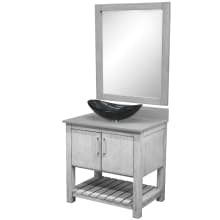 30" Free Standing Single Basin Vanity Set with Cabinet, Grey Quartz Vanity Top, Oval Glass Vessel Sink and Mirror
