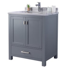 Prim 30" Free Standing Vanity Set with Grey Solid Oak Cabinet, Quartz or Cultured Marble Top, and Undermount Sink - Mirror Sold Separately