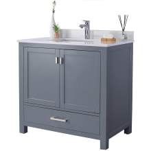 Prim 36" Free Standing Vanity Set with Grey Solid Oak Cabinet, Quartz or Cultured Marble Top, and Undermount Sink - Mirror Sold Separately