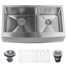 Farmhouse 36" Double Basin Stainless Steel Kitchen Sink with Apron Front with 60/40 Split - Drain Assemblies and Fitted Basin Racks Included Free