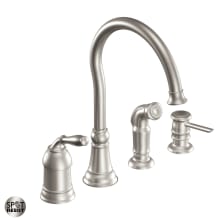 Single Handle High Arc Kitchen Faucet with Side Spray and Soap Dispenser from the Lindley Collection