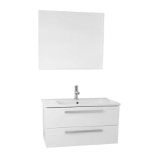 Dadila 33" Wall Mounted / Floating Vanity Set with Wood Cabinet, Ceramic Top with Single Basin Sink, Mirror, and Single Faucet Hole