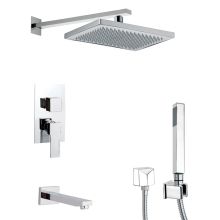 Remer Shower Tub and Shower Trim Package with Single Function Rain Shower Head, Hand Shower, Hand Shower Holder, and Rough In