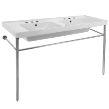 Scarabeo 48" Ceramic Double Basin Bathroom Sink For Console Installation with Holes Drilled for Two Faucets - Includes Overflow