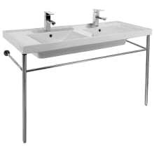 Scarabeo 48" Ceramic Double Basin Bathroom Sink For Console Installation with Two Faucet Holes - Includes Overflow