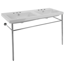 Tecla 47-1/4" Ceramic Double Basin Bathroom Sink For Console Installation with Holes Drilled for Two Faucets - Includes Overflow
