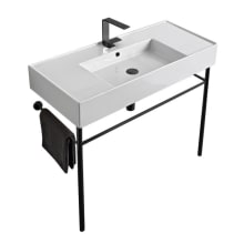 Teorema 2.0 40" Rectangular Ceramic Console Bathroom Sink with One Faucet Hole and Matte Black Stand - Includes Overflow