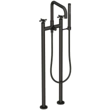 East Square Floor Mounted Tub Filler with Cross Handles and Built-In Diverter - Includes Hand Shower