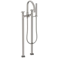 East Linear Floor Mounted Tub Filler with Cross Handles and Built-In Diverter - Includes Hand Shower