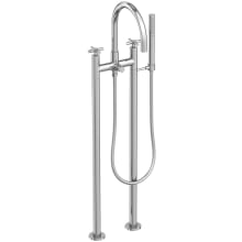 East Linear Floor Mounted Tub Filler with Cross Handles and Built-In Diverter - Includes Hand Shower