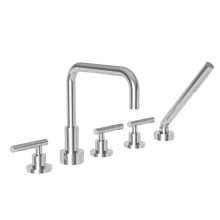 East Square Triple Handle Deck Mounted Roman Tub Filler with Handshower and Metal Lever Handles
