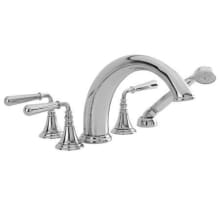 Bevelle Triple Handle Deck Mounted Roman Tub Filler with Handshower and Metal Lever Handles