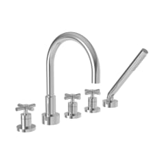 East Linear Double Handle Deck Mounted Roman Tub Filler with Handshower and Metal Cross Handles