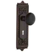 Vintage Black Porcelain Dummy Door Knob Set with Victorian Brass Egg and Dart Plate and Keyhole