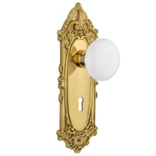 White Porcelain Solid Brass Privacy Door Knob Set with Victorian Rose, Keyhole and 2-3/8" Backset