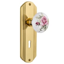 Vintage Porcelain Painted Rose Dummy Door Knob Set with Solid Brass Art Deco Plate and Keyhole