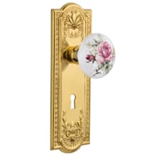 Vintage Cottage Porcelain Painted Rose Dummy Door Knob Set with Solid Brass Meadows Rose and Keyhole