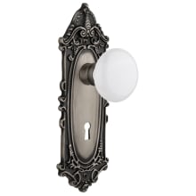 White Porcelain Solid Brass Privacy Door Knob Set with Victorian Rose, Keyhole and 2-3/8" Backset