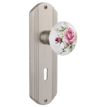 Vintage Porcelain Painted Rose Passage Door Knob Set with Solid Brass Art Deco Plate, Keyhole and 2-3/8" Backset