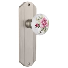 Vintage Porcelain Painted Rose Privacy Door Knob Set with Solid Brass Art Deco Plate and 2-3/8" Backset
