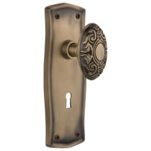 Victorian Solid Brass Vintage Skeleton Key Retrofit Entry Handleset Trim with Prairie Rose, Keyhole and 2-1/4" Backset
