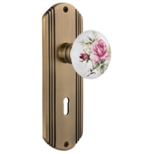 Vintage Porcelain Painted Rose Dummy Door Knob Set with Solid Brass Art Deco Plate and Keyhole