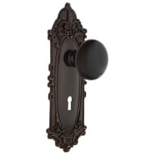 Black Porcelain Solid Brass Passage Door Knob Set with Victorian Rose, Keyhole and 2-3/8" Backset