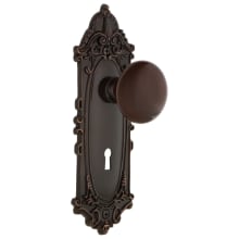 Brown Porcelain Solid Brass Passage Door Knob Set with Victorian Rose, Keyhole and 2-3/8" Backset