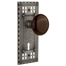 Brown Porcelain Solid Brass Passage Door Knob Set with Long Craftsman Plate, Keyhole and 2-3/4" Backset