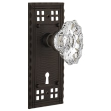 Vintage Chateau Fluted Crystal Passage Door Knob Set with Solid Brass Long Craftsman Plate, Keyhole and 2-3/4" Backset