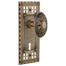 Victorian Solid Brass Passage Door Knob Set with Long Craftsman Plate, Keyhole and 2-3/4" Backset