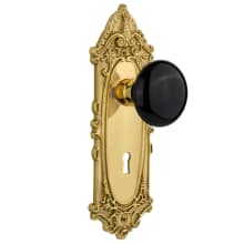 Black Porcelain Solid Brass Privacy Door Knob Set with Victorian Rose, Keyhole and 2-3/8" Backset