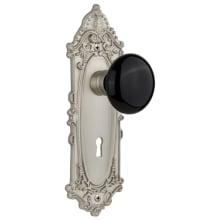 Black Porcelain Solid Brass Vintage Skeleton Key Retrofit Entry Handleset Trim with Victorian Rose, Keyhole and 2-1/4" Backset