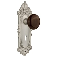 Brown Porcelain Solid Brass Vintage Skeleton Key Retrofit Entry Handleset Trim with Victorian Rose, Keyhole and 2-1/4" Backset