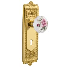 Rose Porcelain Solid Brass Passage Door Knob Set with Egg and Dart Rose, Keyhole and 2-3/4" Backset