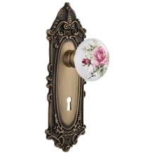 Rose Porcelain Solid Brass Passage Door Knob Set with Victorian Rose, Keyhole and 2-3/8" Backset