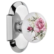 Vintage Porcelain Painted Rose Single Dummy Door Knob with Solid Brass Cottage Style Plate