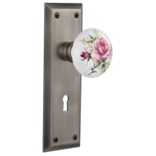 Rose Porcelain Solid Brass Dummy Door Knob Set with New York Rose and Keyhole